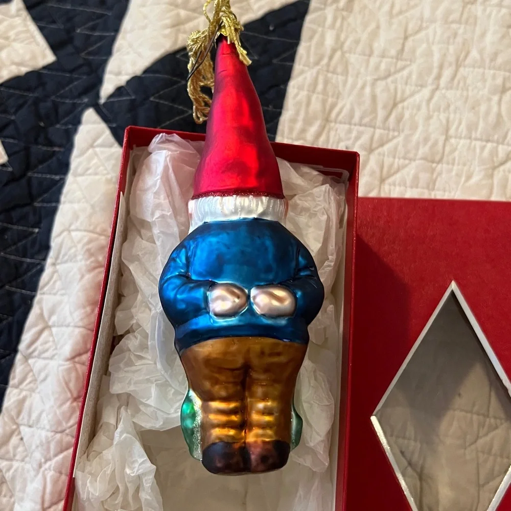 Gnome elf Santa glass blown ornament 7”